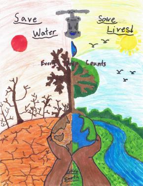 Marker-based art in two halves vertically. The left half is in browns with the words Save Water underlined at the top. This half shows a hand holding a brown  earth, with a parched landscape and dead trees behind, along with a red sun. The right side has the words Save Lives Underlined with blue and yellow skies and a bright sun. In the foreground a hand holds the matching blue and green half of the earth, and the background is a lush green and blue landscape with thriving trees.