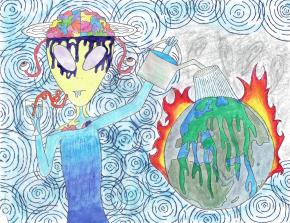 An alien with a yellow face and wide eyes, along with red eyestalks and an exposed brain, drinks a glass of water from a curly straw. Water fills up their body, organs floating inside, while one three-fingered hand holds a watering can, pouring water over a burning earth. Where the water his the Earth is blue and green an bright. Elsewhere it is grey and dull. Ghosts hover above the earth in gray smoke. The background shows water ripples in dark blue over light blue.